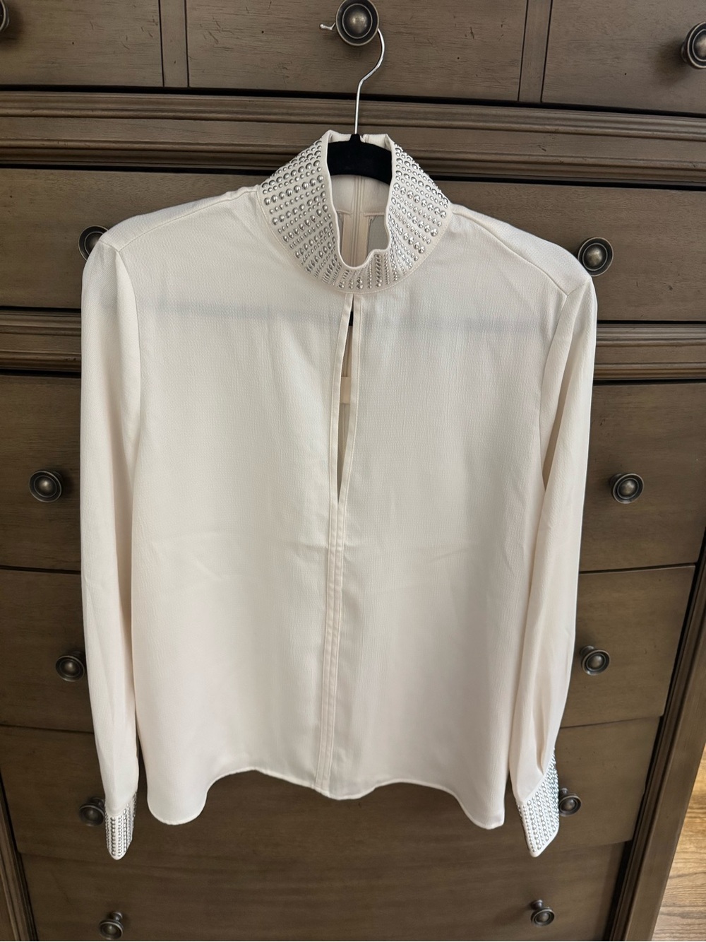 H&M Studded Mock Neck Long-Sleeve Blouse in Cream